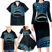 Personalised Pohnpei Nukuoro Micronesia Family Matching Long Sleeve Bodycon Dress and Hawaiian Shirt Polynesian Tattoo Curves Blue Version LT14 - Polynesian Pride