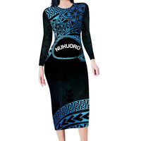 Personalised Pohnpei Nukuoro Micronesia Family Matching Long Sleeve Bodycon Dress and Hawaiian Shirt Polynesian Tattoo Curves Blue Version LT14 Mom's Dress Blue - Polynesian Pride