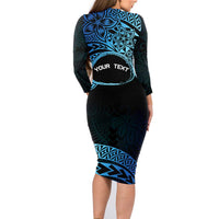 Personalised Pohnpei Nukuoro Micronesia Family Matching Long Sleeve Bodycon Dress and Hawaiian Shirt Polynesian Tattoo Curves Blue Version LT14 - Polynesian Pride