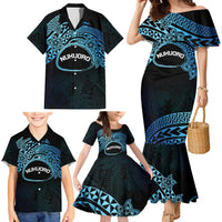 Personalised Pohnpei Nukuoro Micronesia Family Matching Mermaid Dress and Hawaiian Shirt Polynesian Tattoo Curves Blue Version LT14 - Polynesian Pride