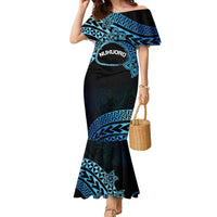 Personalised Pohnpei Nukuoro Micronesia Family Matching Mermaid Dress and Hawaiian Shirt Polynesian Tattoo Curves Blue Version LT14 Mom's Dress Blue - Polynesian Pride