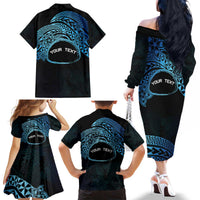 Personalised Pohnpei Nukuoro Micronesia Family Matching Off The Shoulder Long Sleeve Dress and Hawaiian Shirt Polynesian Tattoo Curves Blue Version LT14 - Polynesian Pride