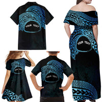 Personalised Pohnpei Nukuoro Micronesia Family Matching Off Shoulder Maxi Dress and Hawaiian Shirt Polynesian Tattoo Curves Blue Version LT14 - Polynesian Pride