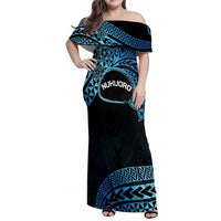Personalised Pohnpei Nukuoro Micronesia Family Matching Off Shoulder Maxi Dress and Hawaiian Shirt Polynesian Tattoo Curves Blue Version LT14 Mom's Dress Blue - Polynesian Pride