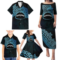 Personalised Pohnpei Nukuoro Micronesia Family Matching Puletasi and Hawaiian Shirt Polynesian Tattoo Curves Blue Version LT14 - Polynesian Pride