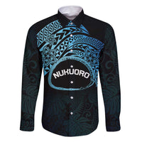 Personalised Pohnpei Nukuoro Micronesia Family Matching Summer Maxi Dress and Hawaiian Shirt Polynesian Tattoo Curves Blue Version LT14 Dad's Shirt - Long Sleeve Blue - Polynesian Pride