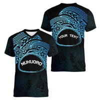 Personalised Pohnpei Nukuoro Micronesia Women V-Neck T-Shirt Polynesian Tattoo Curves Blue Version