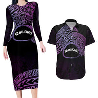 Personalised Pohnpei Nukuoro Micronesia Couples Matching Long Sleeve Bodycon Dress and Hawaiian Shirt Polynesian Tattoo Curves Purple Version LT14 Purple - Polynesian Pride
