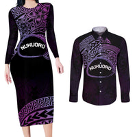 Personalised Pohnpei Nukuoro Micronesia Couples Matching Long Sleeve Bodycon Dress and Long Sleeve Button Shirt Polynesian Tattoo Curves Purple Version LT14 Purple - Polynesian Pride