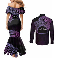 Personalised Pohnpei Nukuoro Micronesia Couples Matching Mermaid Dress and Long Sleeve Button Shirt Polynesian Tattoo Curves Purple Version LT14 - Polynesian Pride