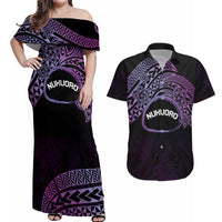 Personalised Pohnpei Nukuoro Micronesia Couples Matching Off Shoulder Maxi Dress and Hawaiian Shirt Polynesian Tattoo Curves Purple Version LT14 Purple - Polynesian Pride
