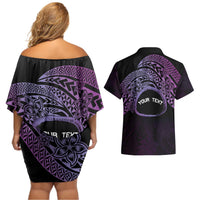 Personalised Pohnpei Nukuoro Micronesia Couples Matching Off Shoulder Short Dress and Hawaiian Shirt Polynesian Tattoo Curves Purple Version LT14 - Polynesian Pride