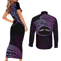 Personalised Pohnpei Nukuoro Micronesia Couples Matching Short Sleeve Bodycon Dress and Long Sleeve Button Shirt Polynesian Tattoo Curves Purple Version LT14 - Polynesian Pride
