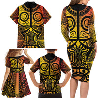 Marquesas Islands Family Matching Long Sleeve Bodycon Dress and Hawaiian Shirt Marquesan Tattoo Yellow Gradient LT14 - Polynesian Pride