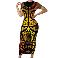 Marquesas Islands Family Matching Short Sleeve Bodycon Dress and Hawaiian Shirt Marquesan Tattoo Yellow Gradient LT14 Mom's Dress Yellow - Polynesian Pride