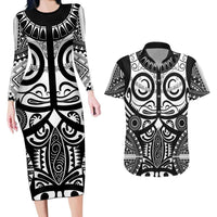 Marquesas Islands Couples Matching Long Sleeve Bodycon Dress and Hawaiian Shirt Marquesan Tattoo Black White Color LT14 Black - Polynesian Pride