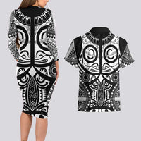 Marquesas Islands Couples Matching Long Sleeve Bodycon Dress and Hawaiian Shirt Marquesan Tattoo Black White Color LT14 - Polynesian Pride
