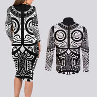 Marquesas Islands Couples Matching Long Sleeve Bodycon Dress and Long Sleeve Button Shirt Marquesan Tattoo Black White Color LT14 - Polynesian Pride
