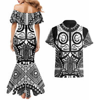 Marquesas Islands Couples Matching Mermaid Dress and Hawaiian Shirt Marquesan Tattoo Black White Color LT14 - Polynesian Pride