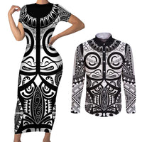 Marquesas Islands Couples Matching Short Sleeve Bodycon Dress and Long Sleeve Button Shirt Marquesan Tattoo Black White Color LT14 Black - Polynesian Pride