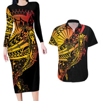 Gradient Marquesas Islands Couples Matching Long Sleeve Bodycon Dress and Hawaiian Shirt Marquesan Matatiki Hammerhead Shark Patutiki LT14 Yellow - Polynesian Pride