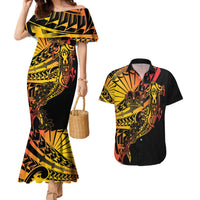 Gradient Marquesas Islands Couples Matching Mermaid Dress and Hawaiian Shirt Marquesan Matatiki Hammerhead Shark Patutiki LT14 Yellow - Polynesian Pride