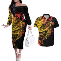 Gradient Marquesas Islands Couples Matching Off The Shoulder Long Sleeve Dress and Hawaiian Shirt Marquesan Matatiki Hammerhead Shark Patutiki LT14 Yellow - Polynesian Pride