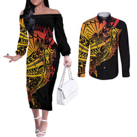 Gradient Marquesas Islands Couples Matching Off The Shoulder Long Sleeve Dress and Long Sleeve Button Shirt Marquesan Matatiki Hammerhead Shark Patutiki LT14 Yellow - Polynesian Pride