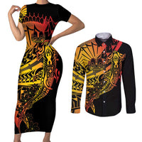 Gradient Marquesas Islands Couples Matching Short Sleeve Bodycon Dress and Long Sleeve Button Shirt Marquesan Matatiki Hammerhead Shark Patutiki LT14 Yellow - Polynesian Pride
