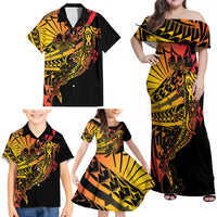 Gradient Marquesas Islands Family Matching Off Shoulder Maxi Dress and Hawaiian Shirt Marquesan Matatiki Hammerhead Shark Patutiki LT14 - Polynesian Pride