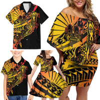Gradient Marquesas Islands Family Matching Off Shoulder Short Dress and Hawaiian Shirt Marquesan Matatiki Hammerhead Shark Patutiki LT14 - Polynesian Pride