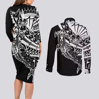 Black White Marquesas Islands Couples Matching Long Sleeve Bodycon Dress and Long Sleeve Button Shirt Marquesan Matatiki Hammerhead Shark Patutiki LT14 - Polynesian Pride