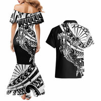 Black White Marquesas Islands Couples Matching Mermaid Dress and Hawaiian Shirt Marquesan Matatiki Hammerhead Shark Patutiki LT14 - Polynesian Pride