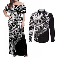 Black White Marquesas Islands Couples Matching Off Shoulder Maxi Dress and Long Sleeve Button Shirt Marquesan Matatiki Hammerhead Shark Patutiki LT14 Black - Polynesian Pride