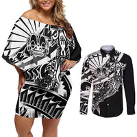 Black White Marquesas Islands Couples Matching Off Shoulder Short Dress and Long Sleeve Button Shirt Marquesan Matatiki Hammerhead Shark Patutiki LT14 Black - Polynesian Pride