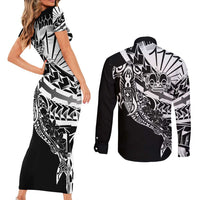 Black White Marquesas Islands Couples Matching Short Sleeve Bodycon Dress and Long Sleeve Button Shirt Marquesan Matatiki Hammerhead Shark Patutiki LT14 - Polynesian Pride