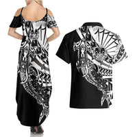 Black White Marquesas Islands Couples Matching Summer Maxi Dress and Hawaiian Shirt Marquesan Matatiki Hammerhead Shark Patutiki LT14 - Polynesian Pride