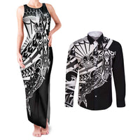 Black White Marquesas Islands Couples Matching Tank Maxi Dress and Long Sleeve Button Shirt Marquesan Matatiki Hammerhead Shark Patutiki LT14 Black - Polynesian Pride