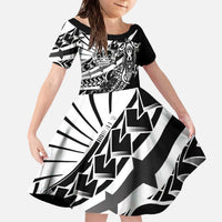 Black White Marquesas Islands Family Matching Off The Shoulder Long Sleeve Dress and Hawaiian Shirt Marquesan Matatiki Hammerhead Shark Patutiki LT14 Daughter's Dress Black - Polynesian Pride