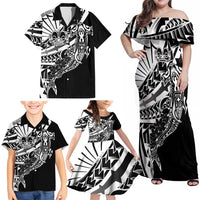 Black White Marquesas Islands Family Matching Off Shoulder Maxi Dress and Hawaiian Shirt Marquesan Matatiki Hammerhead Shark Patutiki LT14 - Polynesian Pride