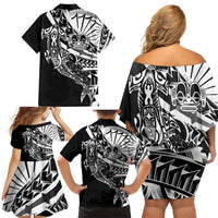 Black White Marquesas Islands Family Matching Off Shoulder Short Dress and Hawaiian Shirt Marquesan Matatiki Hammerhead Shark Patutiki LT14 - Polynesian Pride