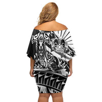 Black White Marquesas Islands Off Shoulder Short Dress Marquesan Matatiki Hammerhead Shark Patutiki - Polynesian Pride