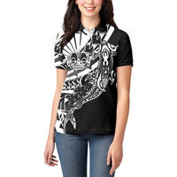 Black White Marquesas Islands Women Polo Shirt Marquesan Matatiki Hammerhead Shark Patutiki - Polynesian Pride