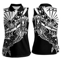 Black White Marquesas Islands Women Sleeveless Polo Shirt Marquesan Matatiki Hammerhead Shark Patutiki LT14 - Polynesian Pride