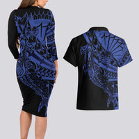 Blue Marquesas Islands Couples Matching Long Sleeve Bodycon Dress and Hawaiian Shirt Marquesan Matatiki Hammerhead Shark Patutiki LT14 - Polynesian Pride