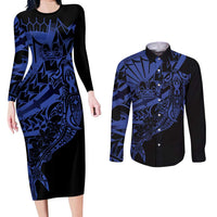 Blue Marquesas Islands Couples Matching Long Sleeve Bodycon Dress and Long Sleeve Button Shirt Marquesan Matatiki Hammerhead Shark Patutiki LT14 Blue - Polynesian Pride