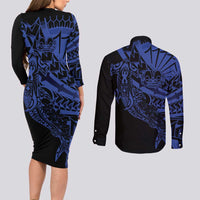 Blue Marquesas Islands Couples Matching Long Sleeve Bodycon Dress and Long Sleeve Button Shirt Marquesan Matatiki Hammerhead Shark Patutiki LT14 - Polynesian Pride