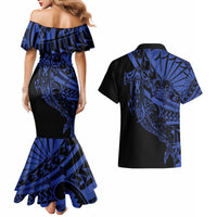 Blue Marquesas Islands Couples Matching Mermaid Dress and Hawaiian Shirt Marquesan Matatiki Hammerhead Shark Patutiki LT14 - Polynesian Pride