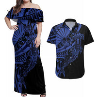 Blue Marquesas Islands Couples Matching Off Shoulder Maxi Dress and Hawaiian Shirt Marquesan Matatiki Hammerhead Shark Patutiki LT14 Blue - Polynesian Pride