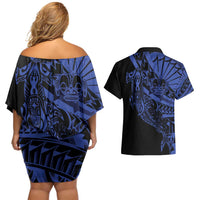 Blue Marquesas Islands Couples Matching Off Shoulder Short Dress and Hawaiian Shirt Marquesan Matatiki Hammerhead Shark Patutiki LT14 - Polynesian Pride